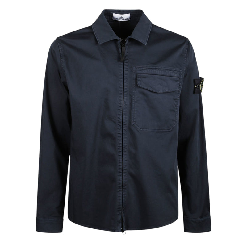 Stone Island Organic Cotton Satin Zip Up Navy Overshirt