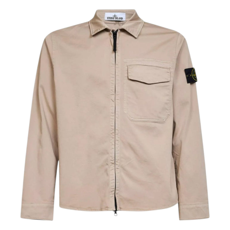 Stone Island Organic Cotton Satin Zip Up Beige Overshirt